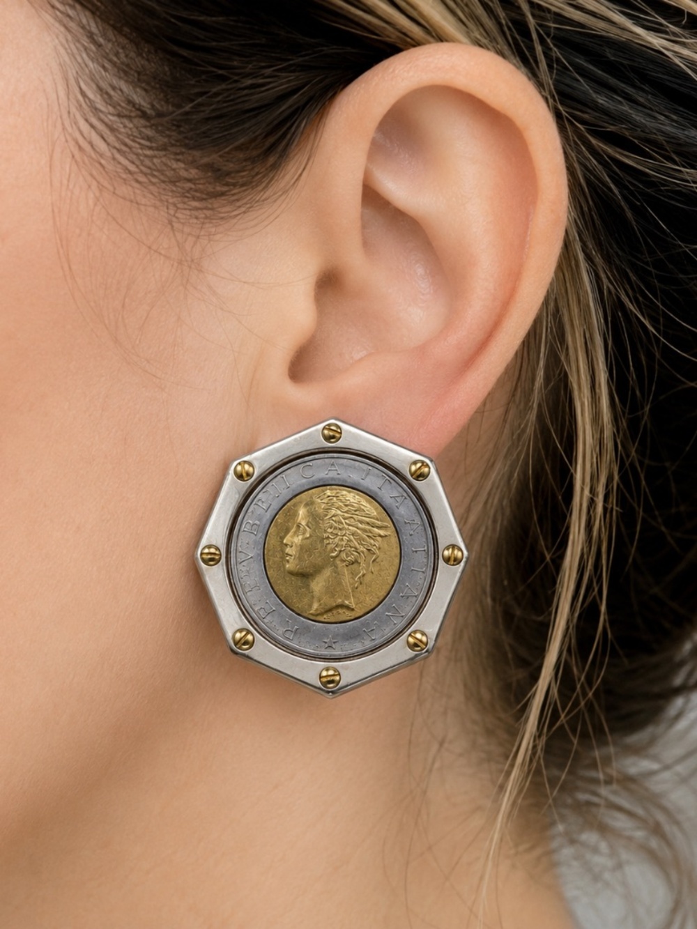 Vintage Italian 500 Lire Coin Clip-On Earrings 1987 Bi-Metallic Statement Design